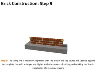 Brick Construction: Step 9
Step 9: The string line is moved in alignment with the arris of the top course and used as a guide
to complete the wall. In longer and higher walls the process of racking and working to a line is
repeated as often as is necessary.
 