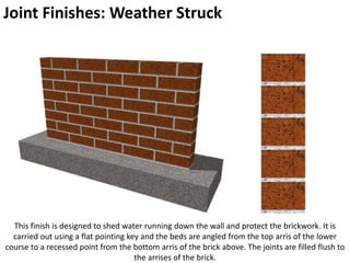 Joint Finishes: Weather Struck
This finish is designed to shed water running down the wall and protect the brickwork. It is
carried out using a flat pointing key and the beds are angled from the top arris of the lower
course to a recessed point from the bottom arris of the brick above. The joints are filled flush to
the arrises of the brick.
 