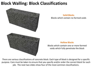 Block Walling: Block Classifications
There are various classifications of concrete block. Each type of block is designed for a specific
purpose. Care must be taken to ensure that you specify and/or order the correct block for each
job. The next two slides show four of the most common classifications.
Hollow Blocks
Blocks which contain one or more formed
voids which fully penetrate the block
Solid Blocks
Blocks which contain no formed voids
 