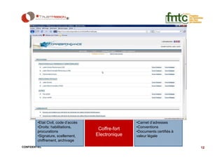 •Etat Civil, code d’accès                  •Carnet d’adresses
         •Droits: habilitations,                    •Conventions
                                      Coffre-fort
         procurations                               •Documents certifiés à
         •Signature, scellement,     Electronique   valeur légale
         chiffrement, archivage
CONFIDENTIEL                                                                 12
 
