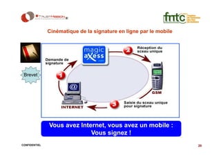 Cinématique de la signature en ligne par le mobile




 Brevet




               Vous avez Internet, vous avez un mobile :
                             Vous signez !
CONFIDENTIEL                                                        20
 