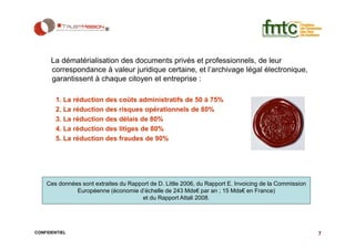 La dématérialisation des documents privés et professionnels, de leur
      correspondance à valeur juridique certaine, et l’archivage légal électronique,
      garantissent à chaque citoyen et entreprise :

        1. La réduction des coûts administratifs de 50 à 75%
        2. La réduction des risques opérationnels de 80%
        3. La réduction des délais de 80%
        4. La réduction des litiges de 80%
        5. La réduction des fraudes de 90%




    Ces données sont extraites du Rapport de D. Little 2006, du Rapport E. Invoicing de la Commission
              Européenne (économie d’échelle de 243 Mds€ par an ; 15 Mds€ en France)
                                      et du Rapport Attali 2008.




CONFIDENTIEL                                                                                            7
 