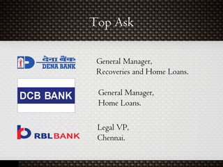 Top Ask
General Manager,
Recoveries and Home Loans.
General Manager,
Home Loans.
Legal VP,
Chennai.
 
