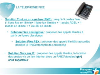 LA TELEPHONIE FIXE Solution Tout en un synchro (PME)   : jusqu’à 5 postes fixes (1 ligne fixe en illimité+1 ligne fax illimitée + 1 accès ADSL + 1 mobile en illimité + 1 clé 3G en illimité  Solution Fixe analogique  : proposer des appels illimités à partir de lignes classiques Solution Fixe PBX  : proposer des appels illimités raccordés derrière le PABX/standard de l’entreprise  Solution Voix sur IP  : proposer des appels illimités, la location des postes via un lien Internet avec un PABX/standard  géré chez l’opérateur  