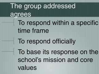The group addressed
agrees
To respond within a specific
time frame
To respond officially
To base its response on the
school’s mission and core
values
 
