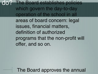 do? The Board establishes policies
which govern the day-to-day
operation of the school in all
areas of board concern: legal
issues, financial matters,
definition of authorized
programs that the non-profit will
offer, and so on.
The Board approves the annual
 
