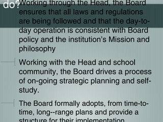 do?Working through the Head, the Board
ensures that all laws and regulations
are being followed and that the day-to-
day operation is consistent with Board
policy and the institution’s Mission and
philosophy
Working with the Head and school
community, the Board drives a process
of on-going strategic planning and self-
study.
The Board formally adopts, from time-to-
time, long--range plans and provide a
 