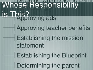Whose Responsibility
is This?
Deciding what color to paint
the buildings
Approving ads
Approving teacher benefits
Establishing the mission
statement
Establishing the Blueprint
Determining the parent
 