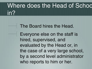 Where does the Head of Schoo
in?
The Board hires the Head.
Everyone else on the staff is
hired, supervised, and
evaluated by the Head or, in
the case of a very large school,
by a second level administrator
who reports to him or her.
 
