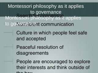 Search for consensus
Nonviolent communication
Culture in which people feel safe
and accepted
Peaceful resolution of
disagreements
People are encouraged to explore
their interests and think outside of
Montessori philosophy as it applies
to governance
Montessori philosophy as it applies
to governance
 
