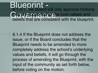 Blueprint -
Governance
8.1.3.1 The Board will only approve motions
that are supported by the core values and
beliefs that are consistent with the blueprint.
8.1.4 If the Blueprint does not address the
issue, or if the Board concludes that the
Blueprint needs to be amended to more
completely address the school’s underlying
values and beliefs, it will go through the
process of amending the Blueprint, with the
input of the community as set forth below,
before voting on the motion.
 