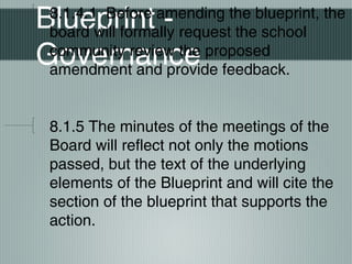 Blueprint -
Governance
8.1.4.1 Before amending the blueprint, the
board will formally request the school
community review the proposed
amendment and provide feedback.
8.1.5 The minutes of the meetings of the
Board will reflect not only the motions
passed, but the text of the underlying
elements of the Blueprint and will cite the
section of the blueprint that supports the
action.
 