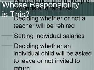 Whose Responsibility
is This?
Maintenance and upkeep of
grounds and facilities
Deciding whether or not a
teacher will be rehired
Setting individual salaries
Deciding whether an
individual child will be asked
to leave or not invited to
 