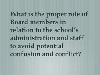 What is the proper role of
Board members in
relation to the school’s
administration and staff
to avoid potential
confusion and conflict?
 