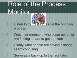Role of the Process
Monitor
Listen to tone and observe the ongoing
process
Watch for members who seem upset, or
are finding it hard to get the floor
Clarify what people are saying if things
seem confusing
Serve as a back up to the facilitator
 