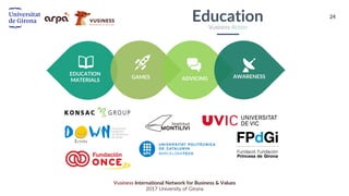 24
Vusiness International Network for Business & Values
2017 University of Girona
EDUCATION
MATERIALS
GAMES AWARENESSADVICING
EducationVusiness Action
 