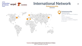 25
Vusiness International Network for Business & Values
2017 University of Girona
Catalunya Emprèn
More than 500 advisors in Catalonia
(Spain)
Norwish Delegation
South Korean Delegation
United States of America Delegation
(In process)
Entrepreneurship
International Network
Entrepreneurship
 