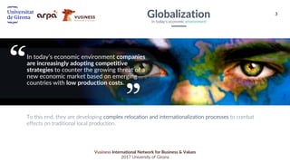 3
Vusiness International Network for Business & Values
2017 University of Girona
In today’s economic environment companies
are increasingly adopting competitive
strategies to counter the growing threat of a
new economic market based on emerging
countries with low production costs.
To this end, they are developing complex relocation and internationalization processes to combat
effects on traditional local production.
GlobalizationIn today’s economic environment
 
