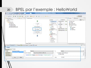 20

BPEL par l’exemple : HelloWorld
Si on veut retourner la chaine
« HelloWord»+input.
Quelle est la modification à
apporter ?

 