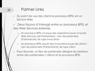 Partner Links

29


Du point de vue des clients le processus BPEL est un
Service Web

Deux façons d’interagir entre un processus BPEL et
des Web Services externes








Un processus BPEL invoque des opérations issues d’autres
Web Services (dit Partenaires) : Lien de partenaire
(PartenerLink) de type invocation
Un processus BPEL reçoit des invocations issues de clients :
Lien de partenaire (PartenerLink) de type client

Pour résumer, un lien de partenaire désigne les relations
entre des partenaires / clients et le processus BPEL

 
