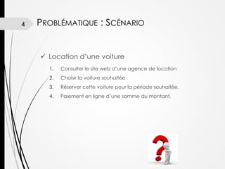 4

PROBLÉMATIQUE : SCÉNARIO

 Location d’une voiture
1.

Consulter le site web d’une agence de location

2.

Choisir la voiture souhaitée

3.

Réserver cette voiture pour la période souhaitée.

4.

Paiement en ligne d’une somme du montant.

 
