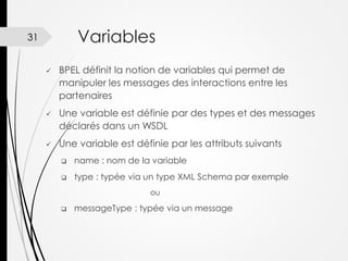 Variables

31







BPEL définit la notion de variables qui permet de
manipuler les messages des interactions entre les
partenaires
Une variable est définie par des types et des messages
déclarés dans un WSDL
Une variable est définie par les attributs suivants


name : nom de la variable



type : typée via un type XML Schema par exemple
ou



messageType : typée via un message

 