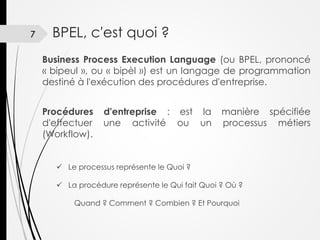 7

BPEL, c'est quoi ?
Business Process Execution Language (ou BPEL, prononcé
« bipeul », ou « bipèl ») est un langage de programmation
destiné à l'exécution des procédures d'entreprise.
Procédures
d'effectuer
(Workflow).

d'entreprise : est la
une activité ou un

manière spécifiée
processus métiers

 Le processus représente le Quoi ?
 La procédure représente le Qui fait Quoi ? Où ?
Quand ? Comment ? Combien ? Et Pourquoi

 