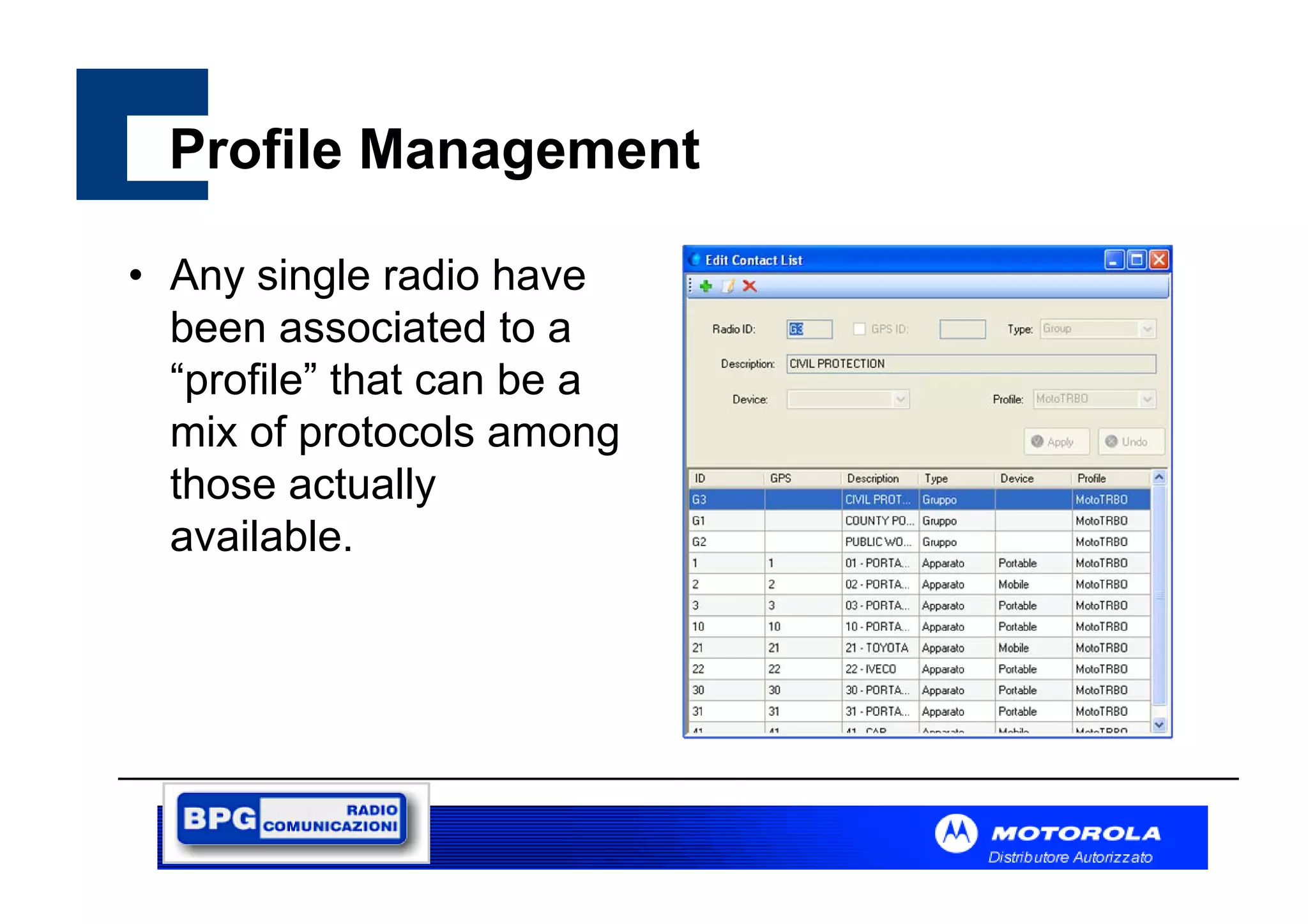 Profile Management
• Any single radio have
been associated to a
“profile” that can be a
mix of protocols among
those actually
available.

 