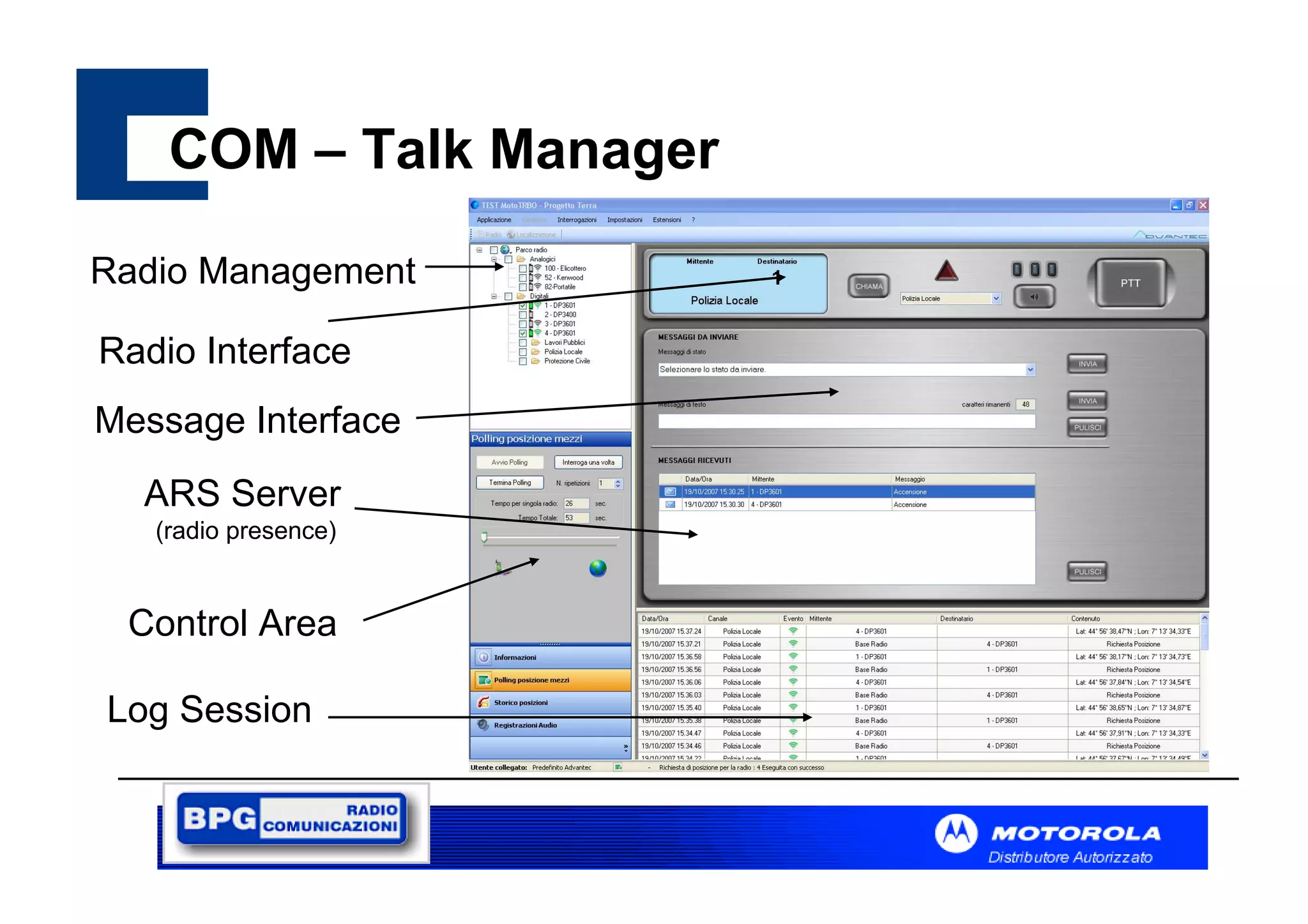 COM – Talk Manager
Radio Management
Radio Interface
Message Interface
ARS Server
(radio presence)

Control Area
Log Session

 