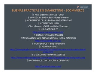 BUENAS	
  PRACTICAS	
  EN	
  EMARKETING	
  -­‐	
  ECOMMERCE	
  
☝	
  KISS	
  	
  (KEEP	
  IT	
  SIMPLE	
  STUPID)	
  
☝	
  NAVEGABILIDAD	
  –	
  Buscadores	
  internos	
  
☝	
  COHERENCIA	
  DE	
  LAS	
  PAGINAS	
  DE	
  ATERRIZAJE	
  
☝	
  CONTACTABILIDAD	
  	
  
-­‐ Chat	
  –Formas	
  -­‐	
  Teléfono	
  Web	
  –Teléfono	
  
☝	
  URLS	
  AMIGABLES	
  
hlp://www.computronica.net/	
  
☝	
  CONSISTENCIA	
  DE	
  IMAGEN	
  
☝INTERACCION	
  CON	
  REDES	
  SOCIALES	
  –Link	
  y	
  Referencia	
  
hlp://www.daﬁP.com.co/	
  
☝	
  CONTENIDOS	
  –	
  Blog	
  conectado	
  
☝	
  ADAPTABILIDAD	
  
hlp://www.google.com/think/research-­‐studies/the-­‐new-­‐mulP-­‐screen-­‐world-­‐
study.html	
  
☝	
  CTA	
  CLAROS	
  Y	
  OMNIPRESENTES	
  
hlp://www.websitemagazine.com/images/blog/SingleHop-­‐Infographic.png	
  
☝ECOMMERCE	
  CON	
  UPSCALE	
  Y	
  CRUZADAS	
  	
  
hlp://techland.Pme.com/	
  
 