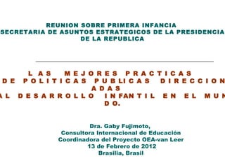 Dra. Gaby Fujimoto,  Consultora Internacional de Educación Coordinadora del Proyecto OEA-van Leer 13 de Febrero de 2012 Brasilia, Brasil REUNION SOBRE PRIMERA INFANCIA  SECRETARIA DE ASUNTOS ESTRATEGICOS DE LA PRESIDENCIA DE LA REPUBLICA L  A S  M E J O R E S  P R A C T I C A S  D E  P O L I T I C A S  P U B LI C A S  D I R E C C I O N A D A S  A L  D E S A R R O L L O  I N FAN T I L  E N  E L  M U N D O . 