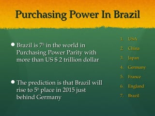 Purchasing Power In BrazilPurchasing Power In Brazil
Brazil is 7Brazil is 7thth
in the world inin the world in
Purchasing Power Parity withPurchasing Power Parity with
more than US $ 2 trillion dollarmore than US $ 2 trillion dollar
The prediction is that Brazil willThe prediction is that Brazil will
rise to 5rise to 5thth
place in 2015 justplace in 2015 just
behind Germanybehind Germany
1.1. USAUSA
2.2. ChinaChina
3.3. JapanJapan
4.4. GermanyGermany
5.5. FranceFrance
6.6. EnglandEngland
7.7. BrazilBrazil
 