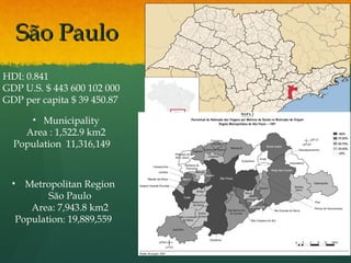 São PauloSão Paulo
HDI: 0.841
GDP U.S. $ 443 600 102 000
GDP per capita $ 39 450.87
• Municipality
Area: 1,522.9km2
Population 11,316,149
• Metropolitan Region
São Paulo
Area: 7,943.8 km2
Population: 19,889,559
 