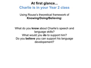 At first glance...
Charlie is in your Year 2 class
Using Rouse’s theoretical framework of
Knowing/Doing/Believing:
What do you know about Charlie’s speech and
language skills?
What would you do to support him?
Do you believe you can support his language
developement?
 