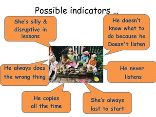 Possible indicators …
She’s silly &
disruptive in
lessons
He always does
the wrong thing
He copies
all the time
She’s always
last to start
He doesn’t
know what to
do because he
Doesn't listen
He never
listens
 