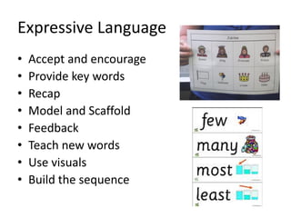 Expressive Language
• Accept and encourage
• Provide key words
• Recap
• Model and Scaffold
• Feedback
• Teach new words
• Use visuals
• Build the sequence
 