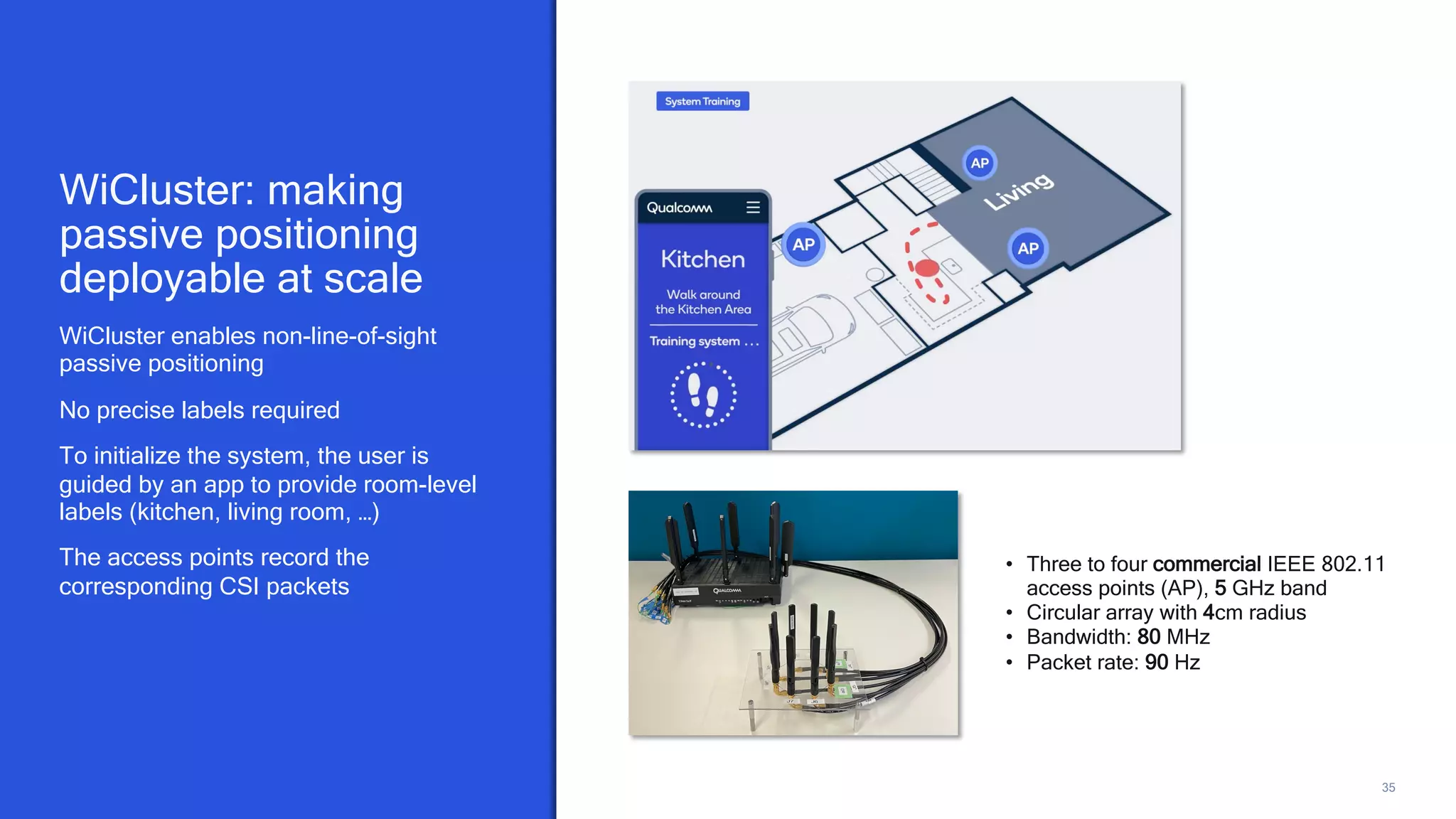 35
WiCluster enables non-line-of-sight
passive positioning
No precise labels required
To initialize the system, the user is
guided by an app to provide room-level
labels (kitchen, living room, …)
The access points record the
corresponding CSI packets
WiCluster: making
passive positioning
deployable at scale
• Three to four commercial IEEE 802.11
access points (AP), 5 GHz band
• Circular array with 4cm radius
• Bandwidth: 80 MHz
• Packet rate: 90 Hz
 