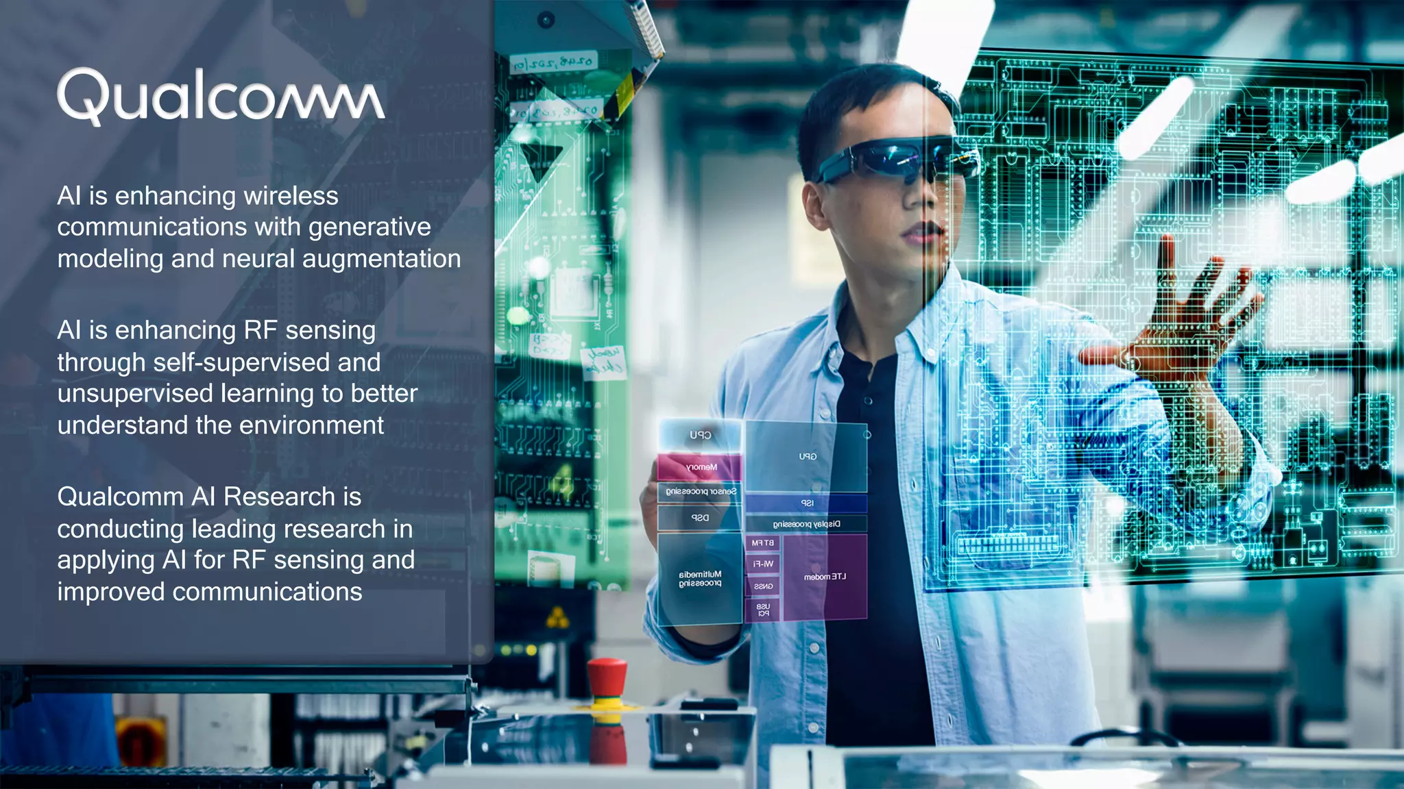 43
AI is enhancing wireless
communications with generative
modeling and neural augmentation
AI is enhancing RF sensing
through self-supervised and
unsupervised learning to better
understand the environment
Qualcomm AI Research is
conducting leading research in
applying AI for RF sensing and
improved communications
 