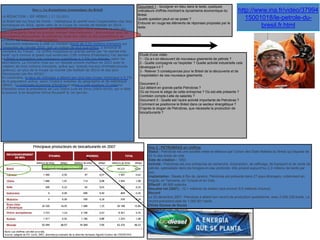 Doc 2 : PETROBRAS en chiffres
Statut : Petrobras est une société créée et détenue par l’Union des États fédérés du Brésil qui dispose de
55 % des droits de vote.
Date de création : 1953.
Activité : Petrobras est une entreprise de recherche, d’extraction, de raffinage, de transport et de vente de
pétrole, spécialisée dans les forages en eau profonde. Elle produit aujourd’hui 2,3 millions de barils par
jour.
Implantation : Basée à Rio de Janeiro, Petrobras est présente dans 27 pays étrangers, notamment en
Angola, en Tanzanie, en Turquie et en Inde.
Effectif : 68 900 salariés.
Résultat net (2007) : 12,1 milliards de dollars (soit environ 9,5 milliards d’euros).
Record
Le 25 décembre 2007, Petrobras a atteint son record de production quotidienne, avec 2 000 238 barils. Le
record précédent était de 1 000 921 barils.
Olinto Gomes de Souza
Géologue en chef, Petrobras
http://www.ina.fr/video/37994
15001018/le-petrole-du-
bresil.fr.html
Doc 1 : Le dynamisme économique du Brésil
LA RÉDACTION | JDF HEBDO | 17.10.2011
Le Brésil est sur tous les fronts : médiatique et sportif avec l'organisation des Jeux
olympiques en 2016, après celle de la Coupe du monde de football en 2014 ;
diplomatique avec l'activisme du président Lula pour faire entendre la voix des
pays émergents dans les grandes messes internationales ; économique avec les
formidables découvertes de pétrole au large des côtes et des exportations de
produits agricoles en augmentation.
L'économie brésilienne a créé un nombre record de 2,52 millions d'emplois sur
l'ensemble de l'année 2010, soit un million de plus que prévu, a annoncé le
ministère du Travail. Ce chiffre s'explique en grande partie par "la reprise très
forte" qu'a connue le géant sud-américain (190 millions d'habitants) l'an dernier.
Le Brésil a enregistré une croissance supérieure à 7,5% l'an dernier, selon les
estimations. Le ministre mise sur un résultat encore meilleur en 2011 avec la
création de trois millions d'emplois, grâce aux "grands travaux d'infrastructures
(prévus), en plus de la Coupe du monde (de football de 2014) et des jeux
Olympiques (de Rio-2016)".
En novembre, le taux de chômage a atteint son plus bas niveau historique à 5,7%
de la population active, selon l'Institut brésilien de géographie et de statistique
(IBGE). La principale économie d'Amérique latine a créé quelque 15 millions
d'emplois sous la présidence de Luiz Inacio Lula da Silva (2003-2010), qui a cédé
le pouvoir à sa dauphine Dilma Rousseff le 1er janvier.
Document 1 : Souligner en bleu dans le texte, quelques
indicateurs chiffrés montrant le dynamisme économique du
Brésil.
Quelle question peut-on se poser ?
Entourer en rouge les éléments de réponses proposés par le
texte.
Etude d’une vidéo
1 - Où a-t-on découvert de nouveaux gisements de pétrole ?
2 - Quelle compagnie va l’exploiter ? Quelle activité industrielle cela
développe-t-il ?
3 - Relever 3 conséquences pour le Brésil de la découverte et de
l’exploitation de ces nouveaux gisements .
Document 2 :
Qui détient en grande partie Petrobras ?
Où se trouve le siège de cette entreprise ? Où est-elle présente ?
Combien compte-t-elle de salariés ?
Document 3 : Quelle est l’autre activité importante de Petrobras ?
Comment se positionne le Brésil dans ce secteur énergétique ?
D’après le slogan de Petrobras, que nécessite la production de
biocarburants ?
Document 3
2e plus gros producteur
 