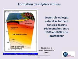 Formation des Hydrocarbures


                                      Le pétrole et le gaz
                                      naturel se forment
                                       dans les bassins
                                     sédimentaires entre
                                      1000 et 6000m de
                                          profondeur


                            Coupe dans la
                          partie externe de la
                                  terre
      Gaz de schiste, Institut Montaigne le 14 01
                          2013
 