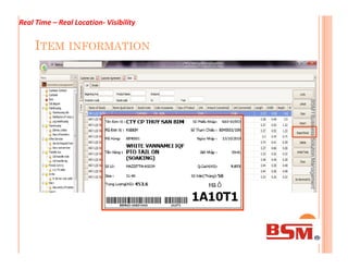 ITEM INFORMATION
BSMlBusinessSolutionManagement
Real Time – Real Location- Visibility
BSMlBusinessSolutionManagement
 