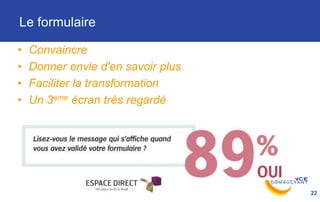 Le formulaire

•   Convaincre
•   Donner envie d'en savoir plus
•   Faciliter la transformation
•   Un 3ème écran très regardé




                                    22
 