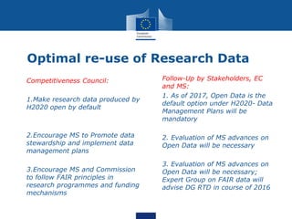 Optimal re-use of Research Data
• Competitiveness Council:
• 1.Make research data produced by
H2020 open by default
• 2.Encourage MS to Promote data
stewardship and implement data
management plans
• 3.Encourage MS and Commission
to follow FAIR principles in
research programmes and funding
mechanisms
• Follow-Up by Stakeholders, EC
and MS:
• 1. As of 2017, Open Data is the
default option under H2020- Data
Management Plans will be
mandatory
• 2. Evaluation of MS advances on
Open Data will be necessary
• 3. Evaluation of MS advances on
Open Data will be necessary;
Expert Group on FAIR data will
advise DG RTD in course of 2016
 
