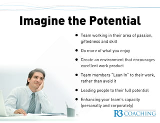 Imagine the Potential
• Team working in their area of passion,
giftedness and skill
• Do more of what you enjoy
• Create an environment that encourages
excellent work product
• Team members “Lean In” to their work,
rather than avoid it
• Leading people to their full potential
• Enhancing your team’s capacity
(personally and corporately)
 