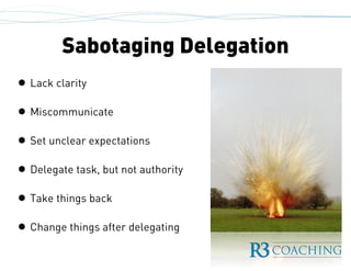 Sabotaging Delegation
• Lack clarity
• Miscommunicate
• Set unclear expectations
• Delegate task, but not authority
• Take things back
• Change things after delegating
 