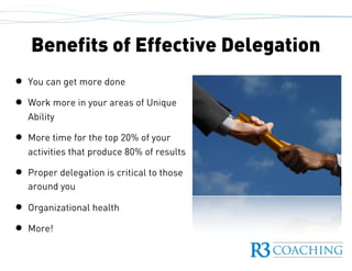 Benefits of Effective Delegation
• You can get more done
• Work more in your areas of Unique
Ability
• More time for the top 20% of your
activities that produce 80% of results
• Proper delegation is critical to those
around you
• Organizational health
• More!
 