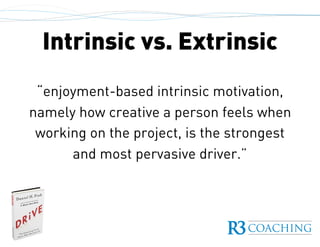 Intrinsic vs. Extrinsic
“enjoyment-based intrinsic motivation,
namely how creative a person feels when
working on the project, is the strongest
and most pervasive driver.”
 