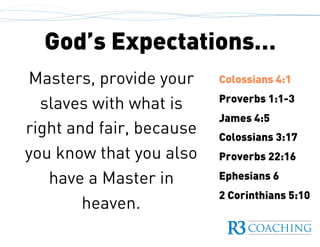 God’s Expectations…
Colossians 4:1
Proverbs 1:1-3
James 4:5
Colossians 3:17
Proverbs 22:16
Ephesians 6
2 Corinthians 5:10
Masters, provide your
slaves with what is
right and fair, because
you know that you also
have a Master in
heaven.
 