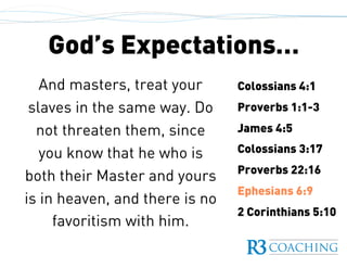 God’s Expectations…
Colossians 4:1
Proverbs 1:1-3
James 4:5
Colossians 3:17
Proverbs 22:16
Ephesians 6:9
2 Corinthians 5:10
And masters, treat your
slaves in the same way. Do
not threaten them, since
you know that he who is
both their Master and yours
is in heaven, and there is no
favoritism with him.
 