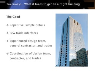 Takeaways -What it takes to get an airtight building 
The Good 
Repetitive, simple details 
Few trade interfaces 
Experienced design team, general contractor, and trades 
Coordination of design team, contractor, and trades  